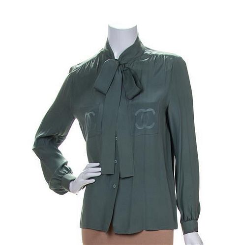 A Chanel Green Silk Blouse, Size 40.
