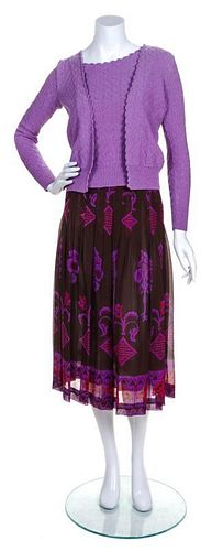 An Adolfo Purple and Brown Patterned Skirt Ensemble,