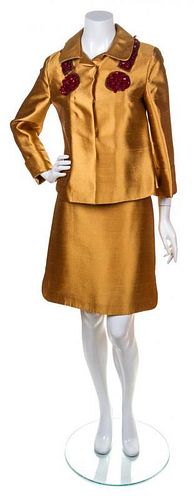 A Miu Miu Gold Silk Skirt Suit, Size 42.
