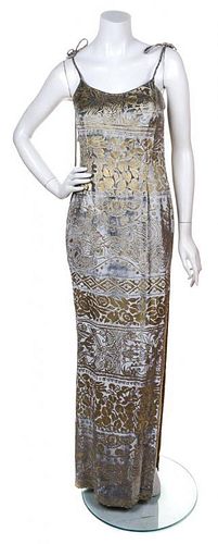 A Grey and Gold Cut Velvet Column Gown,