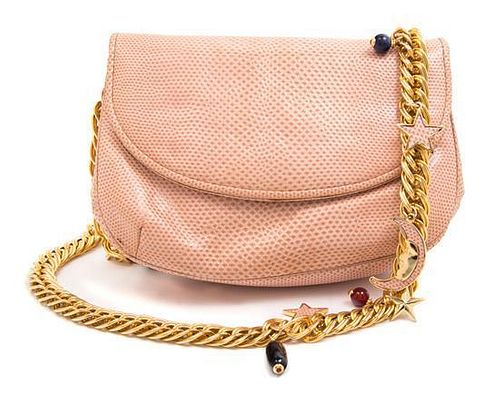 A Judith Leiber Peach Reptile Skin Handbag, 8" x 5.5" x 2".