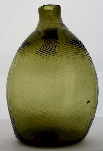 19th c  pattern-molded Pitkin-type half pint flask, 36 rib & swirled to the left, light olive green, open pontil, ht 4 7/8” D
