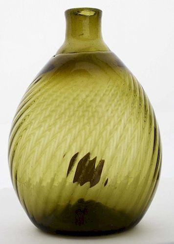19th c pattern-molded Pitkin-type half pint flask, 36 rib & swirled to the right, yellow olive green, open pontil, ht 5”, Dr