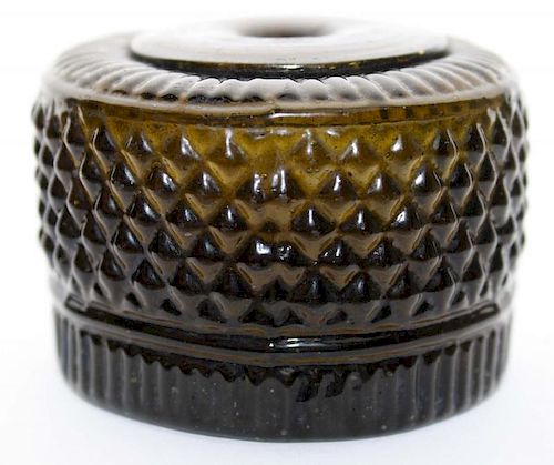 19th c blown three mold geometric inkwell, G II-18, ringed type 3 base, Coventry, CT, green, open pontil, dia 2 3/4”, ht 1 7/