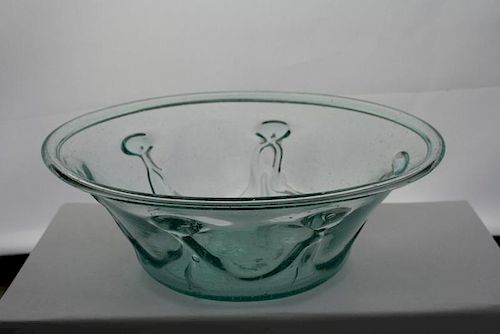 19th c free blown lily pad Type II decorated bowl w/ folded rim, Redwood, NY, aquamarine glass, open pontil, ht 2 3/8”, dia 6