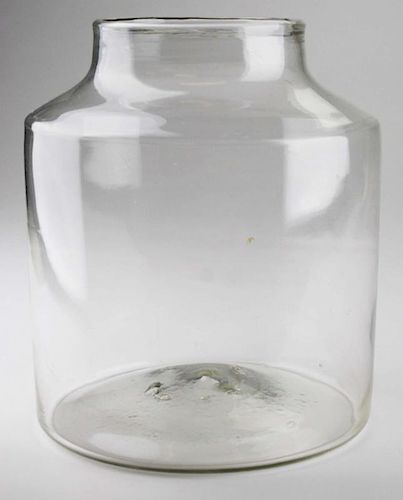 19th c free blown jar, clear glass, light pontil scar, ht 8”, dia 7”, Dr Oliver Eastman collection, undamaged