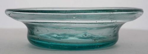 19th c free blown dish w/ folded rim, aquamarine glass, open pontil, dia 3 3/8”, Dr Oliver Eastman collection, undamaged