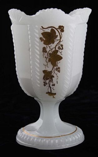 19th c pattern molded spooner, clambroth colored cable pattern, gold decoration, Boston & Sandwich Glass Co, ht 5.75”, Dr Oli