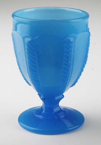 19th c pattern molded egg cup, bright light blue cable pattern, acid washed interior, Boston & Sandwich Glass Co, ht 3 3/4”,