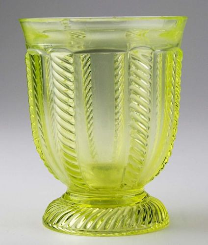 19th c pattern molded footed spill jar, canary yellow cable pattern, Boston & Sandwich Glass Co, ht 4 1/8”, Dr Oliver Eastman