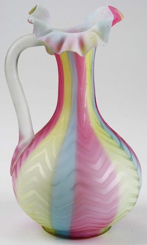 late 19th c triple cased glass cruet with acid etched design & satin finish, open pontil, ht 7”, chip on ruffled rim, heat ch