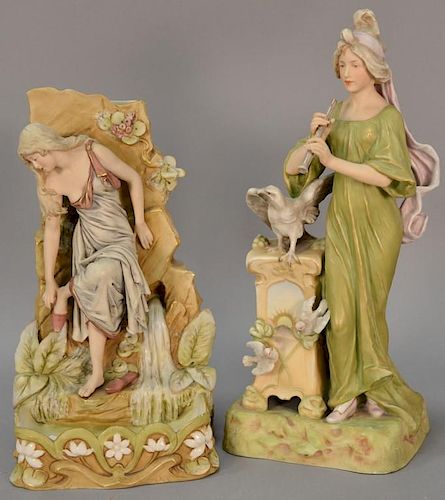 Two large Royal Dux figures including girl playing clarinet (ht. 15") and a vase with with woman by a well (ht. 12 1/2").