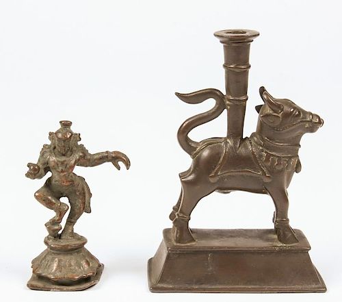 Bronze Dancing Krishna and Lamp, 19th C.