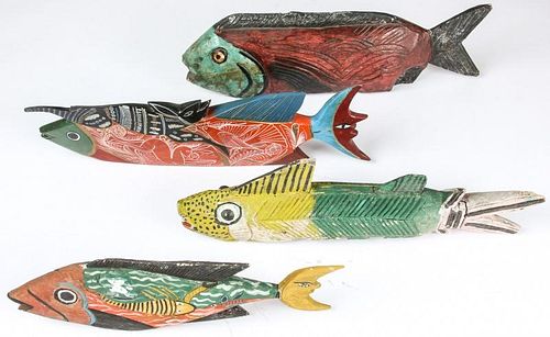 4 Vintage Mexican Carved Wood Fish