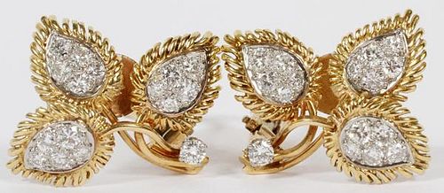 LEAF FORM PAVE DIAMOND AND GOLD EARCLIPS PAIR