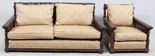 MORRIS STYLE MAHOGANY CARVED CHAIR AND SOFA