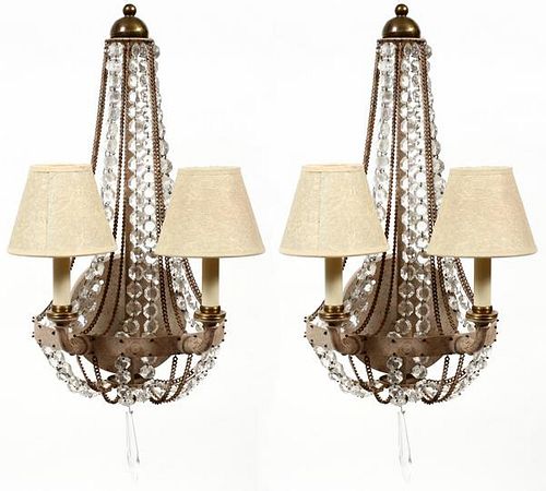 TWO-LIGHT PATINATED METAL AND CRYSTAL SCONCES PAIR