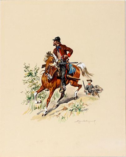 SIGNED WATERCOLOR SCOUT AND CONFEDERATE CAVALRY
