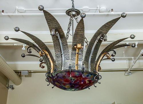 Ulla Darni Large Reverse-Painted Glass and Wrought-Iron Chandelier