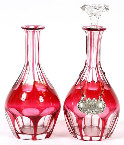 CRANBERRY OVERLAY DECANTERS & EIGHT SHERRY GLASSES