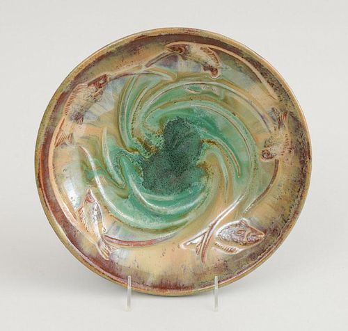 Fulper Green and Mustard Glazed Pottery Footed Bowl