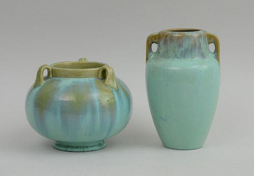 Two Fulper Turquoise Over Pea Green-Glazed Pottery Vase