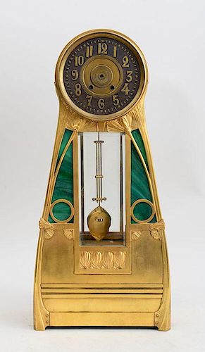 Continental Art Nouveau Slag Glass-Mounted Gilt-Metal Mantle Clock