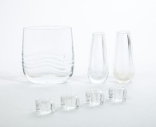 Set of Four Iittala Glass Cube-Form Bud Vases, A Pair of Orrefors Vases, An Engraved Glass Small Bud Vase and an Unmarked Glass Vase