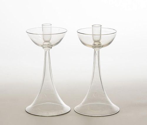 Pair of Mid-Century Clear Glass Candlesticks