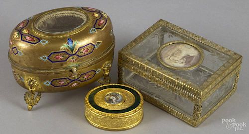 French enameled brass dresser box, ca. 1900, 4 1/2'' h., 6'' w.