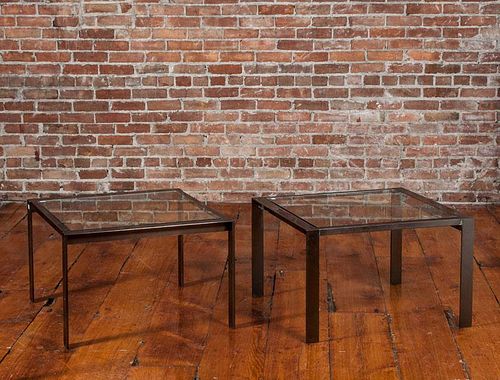 Pair of Patinated Metal and Glass Low End Tables