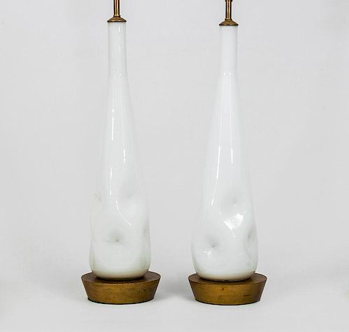 Pair of Milk Glass and Wood Table Lamps