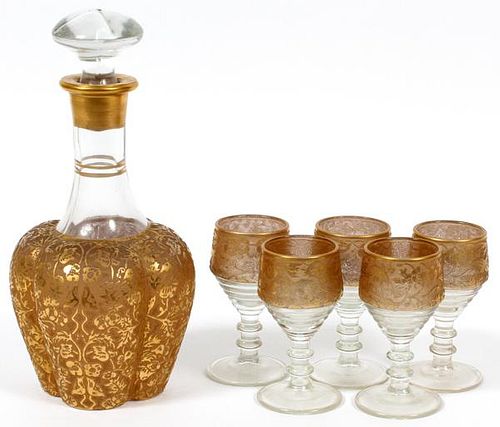 MOSER STYLE GOLD-DECORATED GLASS DECANTER & WINES