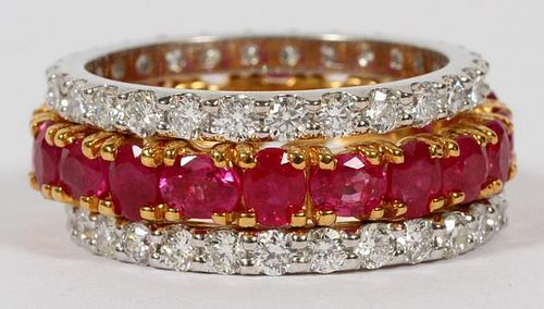 2.42CT DIAMOND & 5CT RUBY STACKABLE RINGS THREE
