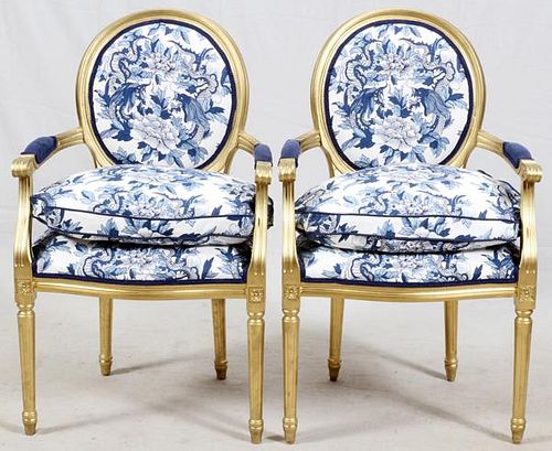 LOUIS XVI STYLE UPHOLSTERED ARMCHAIRS LATE 20TH C.