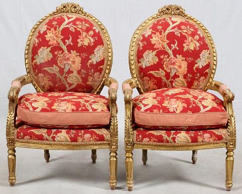 LOUIS XVI STYLE UPHOLSTERED ARMCHAIRS PAIR
