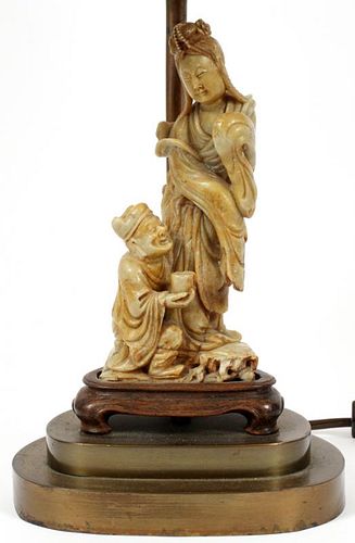 CHINESE SOAPSTONE FIGURE GROUP MOUNTED AS A LAMP