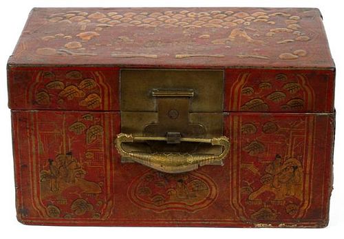 CHINESE LACQUERED LEATHER HINGED BOX C. 1800