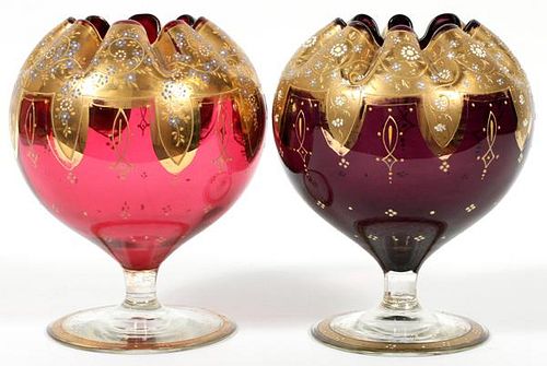VENETIAN GILT & ENAMELED GLASS ROSE BOWLS TWO