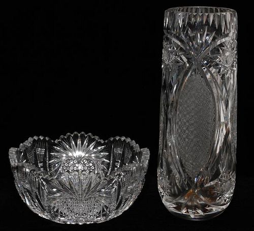 AMERICAN BRILLIANT CUT GLASS BOWL C. 1900 & VASE