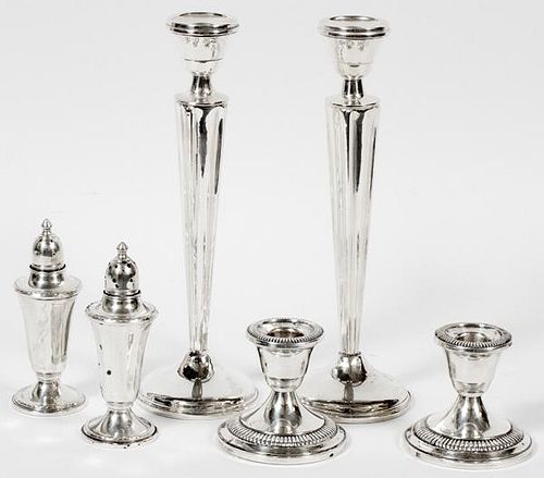 AMERICAN STERLING CANDLESTICKS & SHAKERS SIX PIECES
