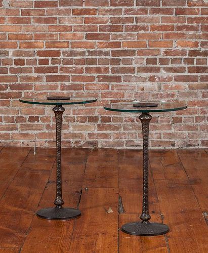 Bombay & Co. Pair of Patinated Metal and Glass Side Tables