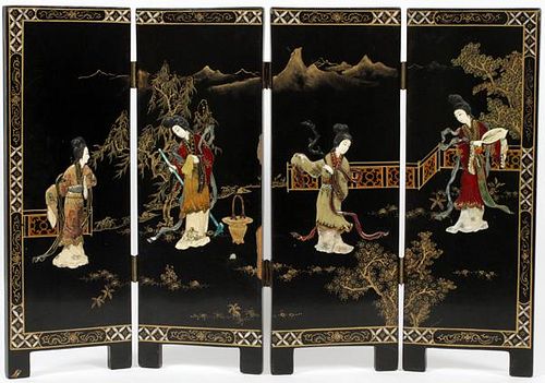 CHINESE BLACK LACQUER & HARDSTONE TABLE SCREEN