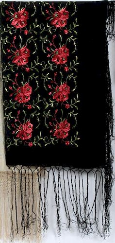 CHINESE EMBROIDERED BLACK SILK SHAWL W/ RED FLOWERS