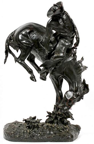 FREDERIC REMINGTON (AMERICAN, 1861-1909), BRONZE SCULPTURE, H 22 3/4" X 14 3/4" X 8", "THE OUTLAW"