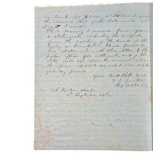 Thomas "Stonewall" Jackson, ALS in Response to Col. Kenton Harper, August 29, 1861 