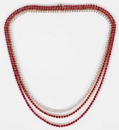 30CT NATURAL RUBY AND 7CT DIAMOND TENNIS NECKLACE