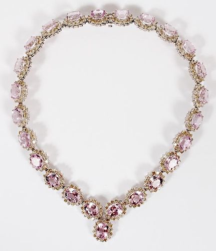 114CT NATURAL PINK KUNZITE AND DIAMOND NECKLACE