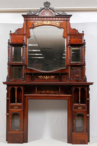 MIRROR  AND CARVED CORNICE ROSEWOOD FIREPLACE