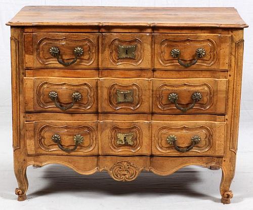 FRENCH CARVED WALNUT CHEST OF THREE DRAWERS